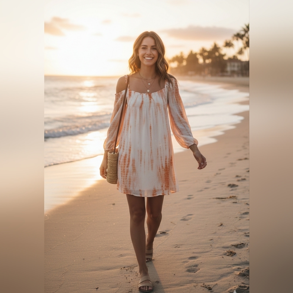 Body Glove Apricot Tie-Dye Long Sleeve Dress